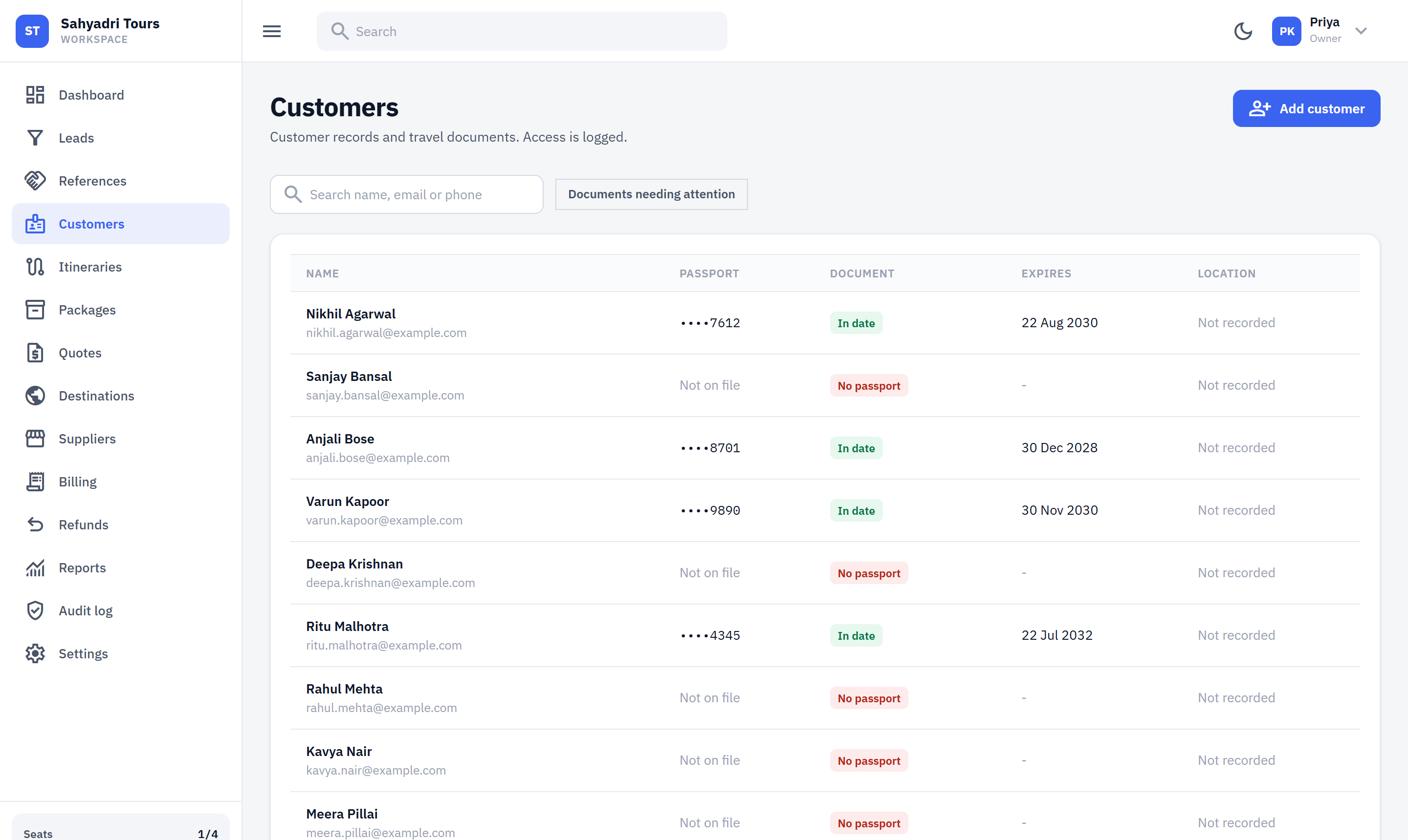 The Customers list in TripiTrail